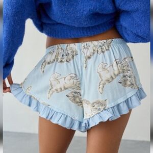 Out From Under Light Blue Cat Print Ruffle Sleep Shorts